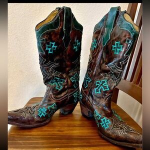 Corral Brown and Teal Western Cowboy Boots